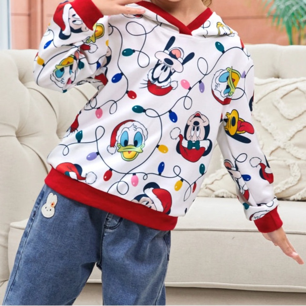 Disney Kid Mickey and Friends Allover Xmas Hooded Long-sleeve Sweatshirt